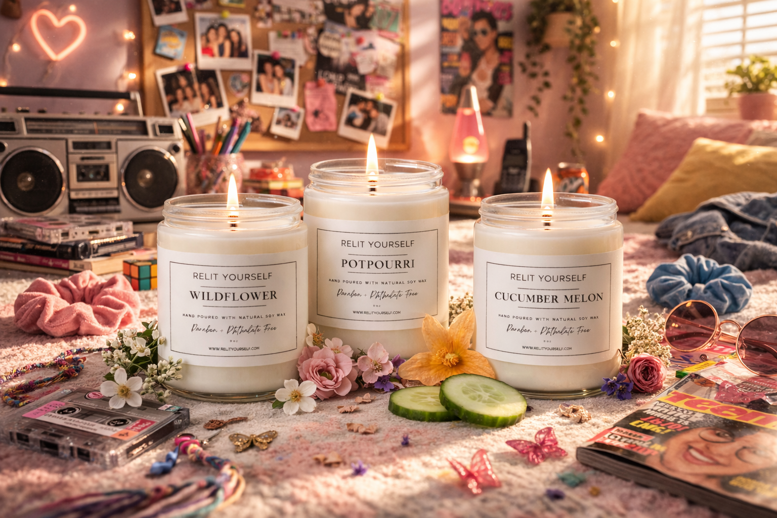 Three candles labeled 'Wildflower', 'Potpourri', and 'Cucumber Melon' on a table with decorative items.