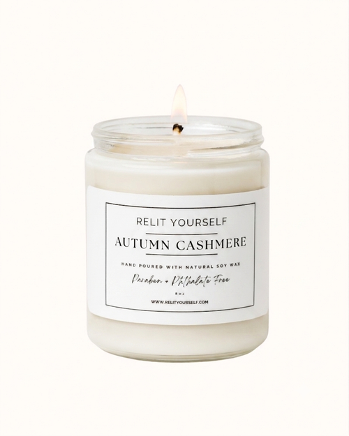 Autumn Cashmere | Pumpkin, Nutmeg & Cashmere Musk | 8oz Scented Soy Candle - Relit Yourself Candle & Co