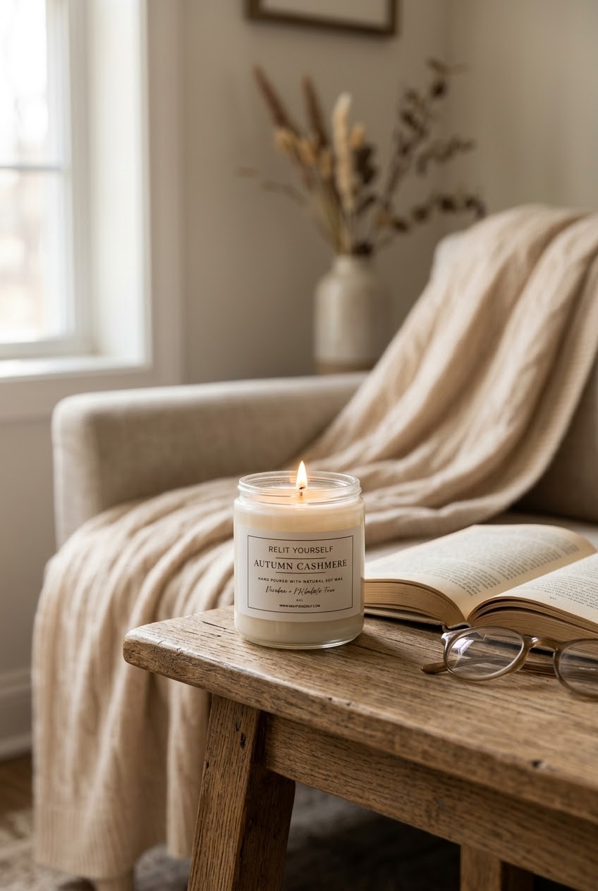 A lit soy wax candle in a clear glass jar sits on a rustic wooden table next to an open book and eyeglasses, with a beige armchair and throw blanket in the background.