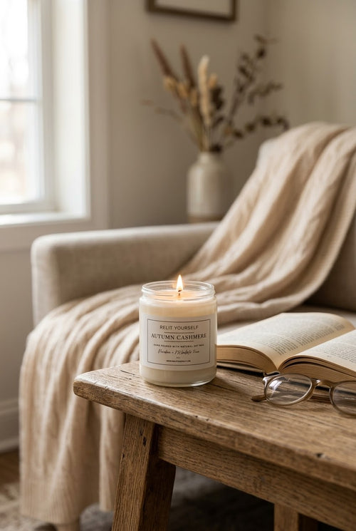 A lit soy wax candle in a clear glass jar sits on a rustic wooden table next to an open book and eyeglasses, with a beige armchair and throw blanket in the background.