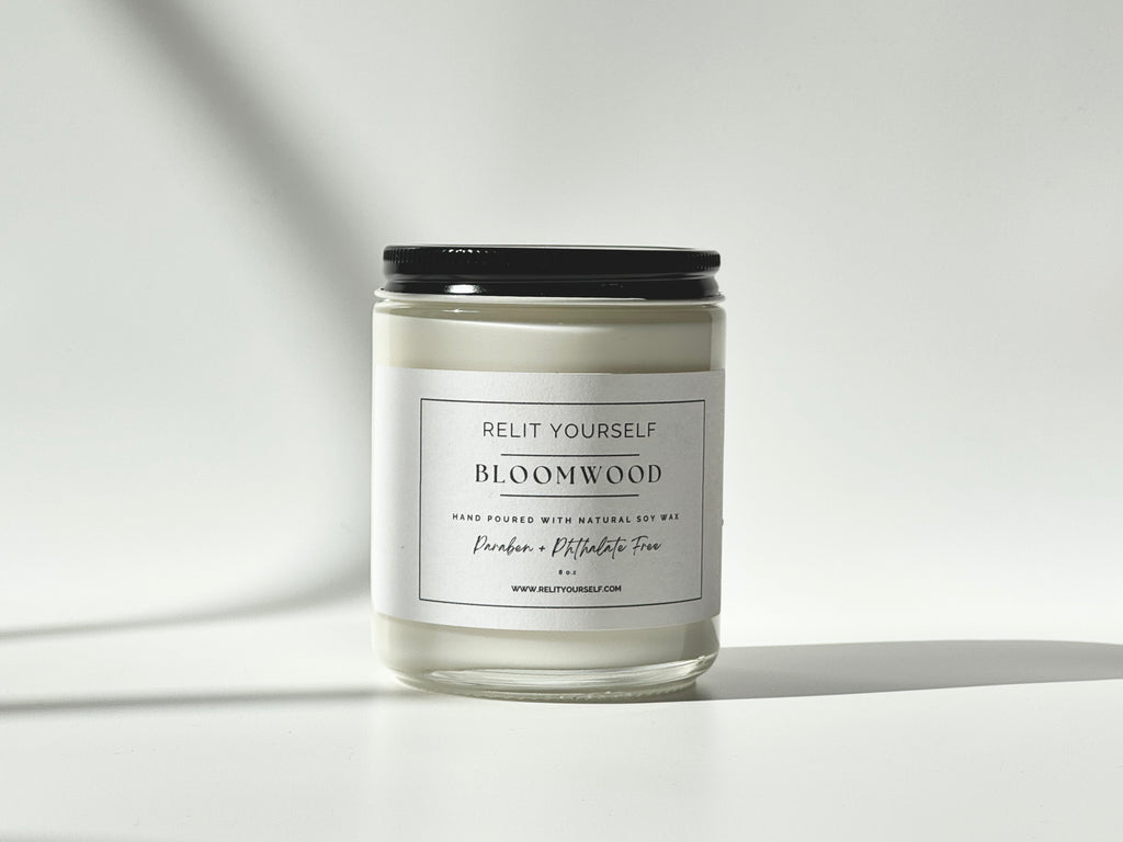 Bloomwood | Bergamot & Sandalwood | 8oz Scented Soy Candle - Relit Yourself Candle & Co