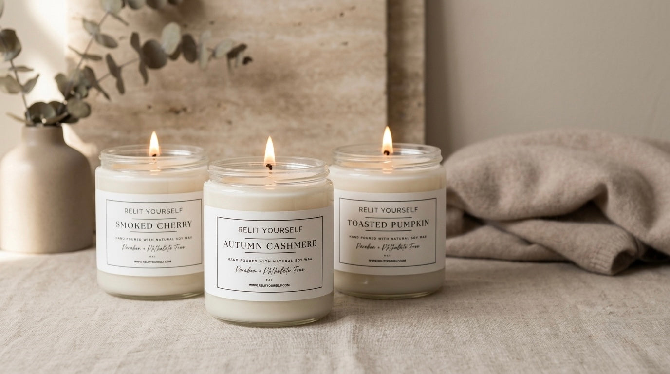 Three lit candles in clear glass jars with white labels, arranged on a beige fabric surface with a neutral rustic background and a folded beige cloth behind them. The labels read 'Relit Yourself' and show scents including Smoked Cherry, Autumn Cashmere, and Toasted Pumpkin.