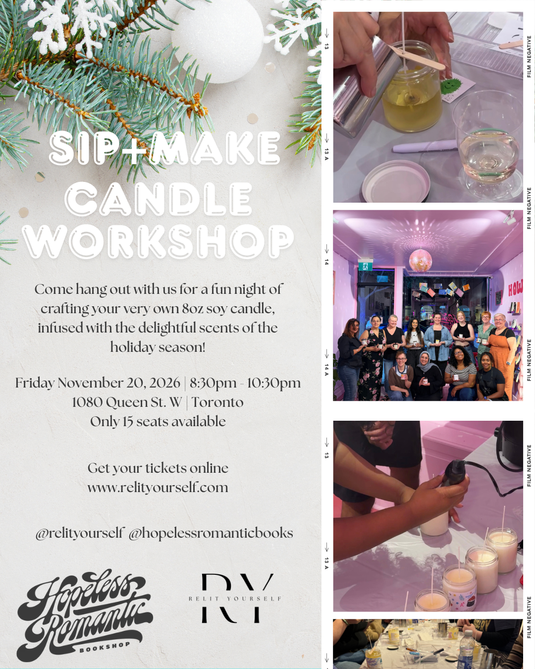 Promotional flyer for a 'Sip + Make Candle Workshop' featuring event details on the left and four photos on the right showing hands making candles, a group of people, and decorated candle displays.