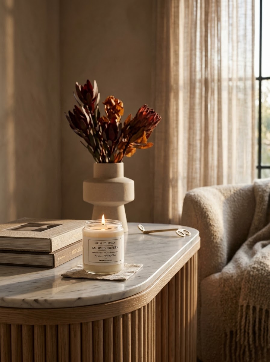 A lit candle in a white jar sits on a marble-topped wooden table in a warm, sunlit room. A ceramic vase with dried orange-brown flowers stands behind it, with stacked books and a gold pen nearby.