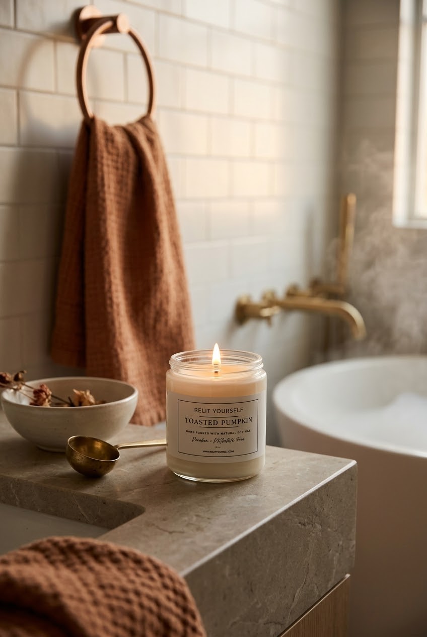 A lit scented candle in a clear glass jar sits on a stone bathroom counter, with a towel hanging on a ring hook, a bowl, and a bathtub in the softly lit background.