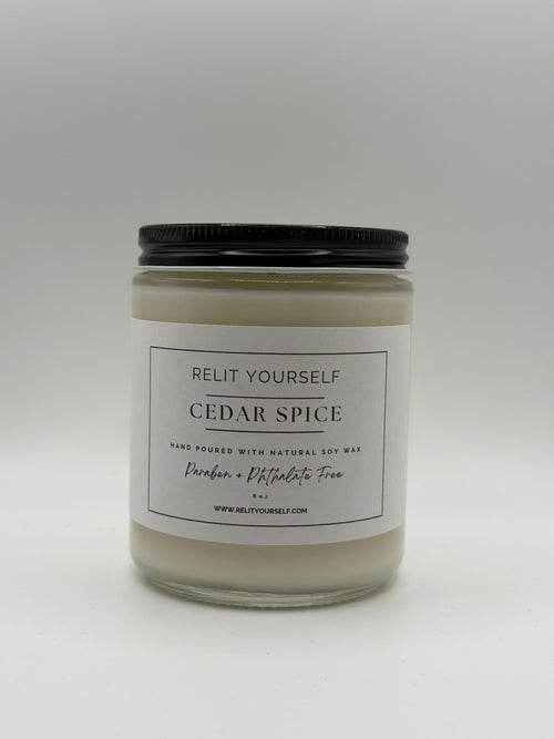Cedar Spice | Cinnamon, Clove, & Cedar Bark | 8oz Scented Soy Candle - Relit Yourself Candle & Co