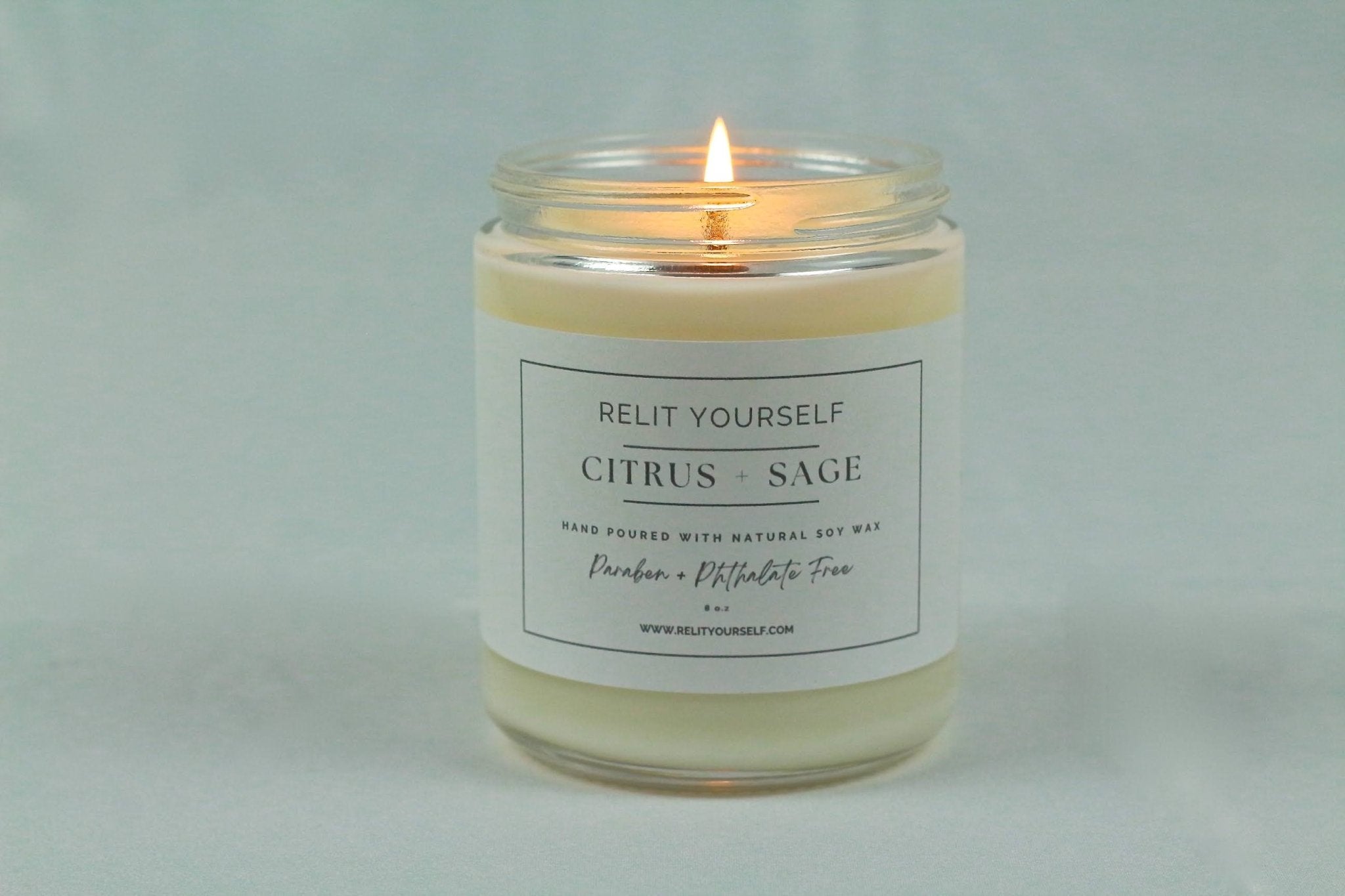 Citrus+Sage | Eucalyptus, Cedar & Musk | 8oz Scented Soy Candle - Relit Yourself Candle & Co