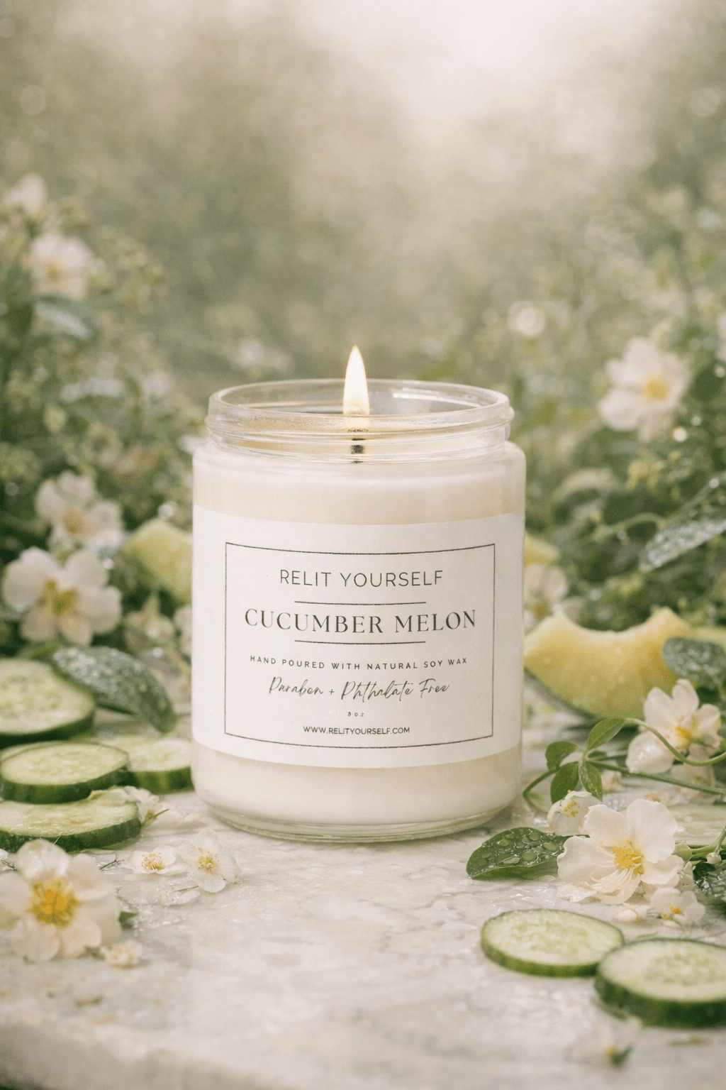 Cucumber Melon | Sweet Florals & Musk | 8oz Scented Soy Candle - Relit Yourself Candle & Co