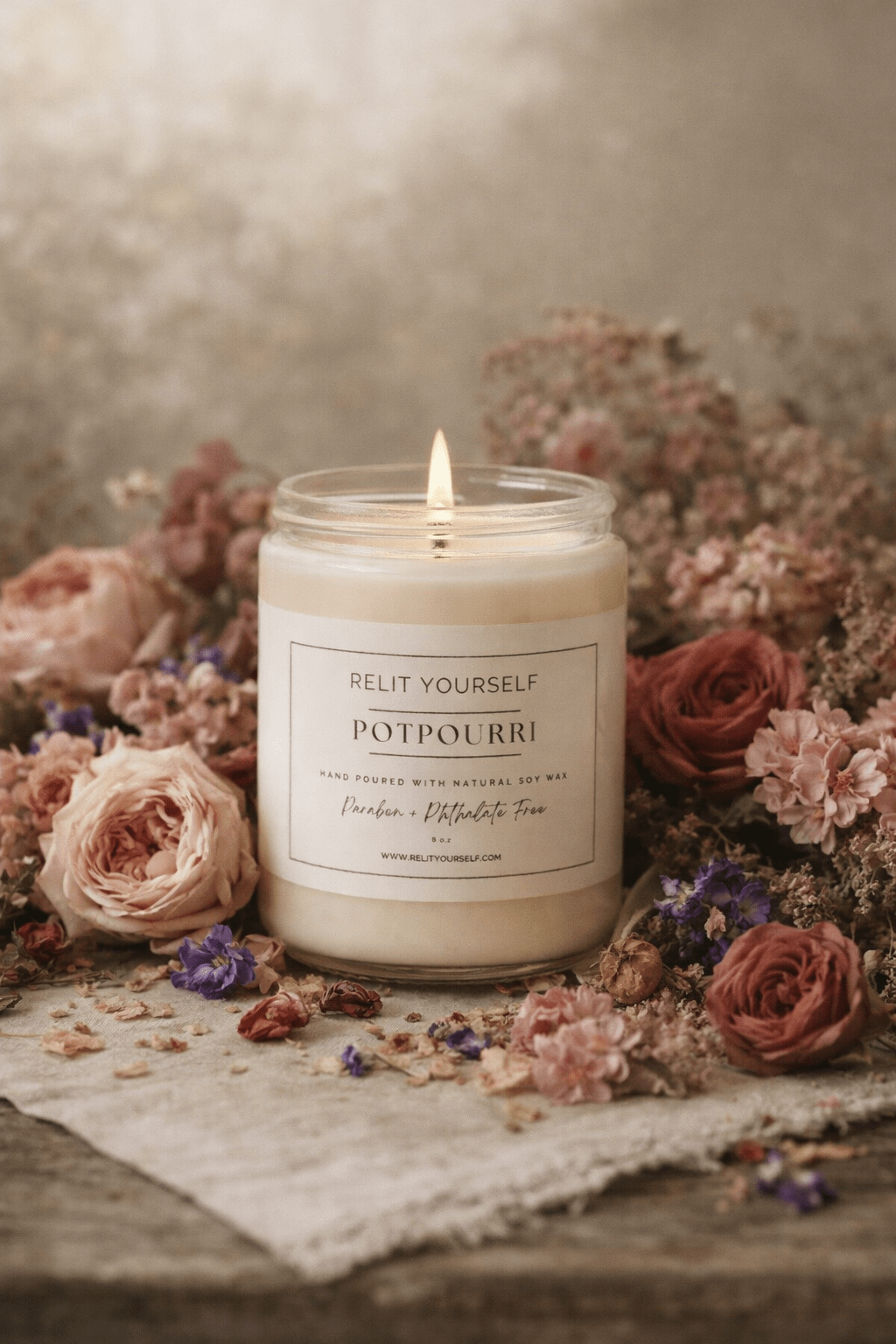 Potpourri | Rose, Geranium & Violet | 8oz Scented Soy Candle - Relit Yourself Candle & Co