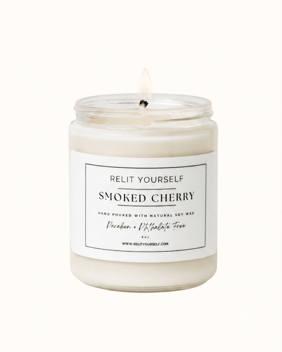 Smoked Cherry | Cherry, Black Vanilla & Sandalwood | 8oz Scented Soy Candle - Relit Yourself Candle & Co