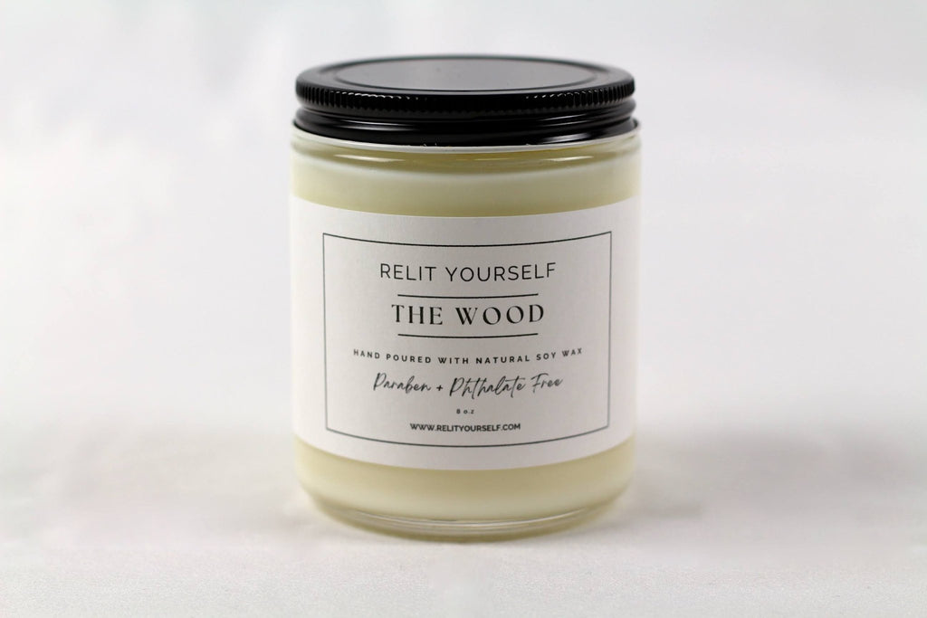 The Wood | Sandalwood, Amber & Spices | 8oz Scented Soy Candle - Relit Yourself Candle & Co